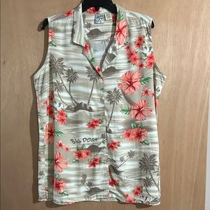 Big Dogs Women's Tropical Floral Button Down Shirt - Cream and Red